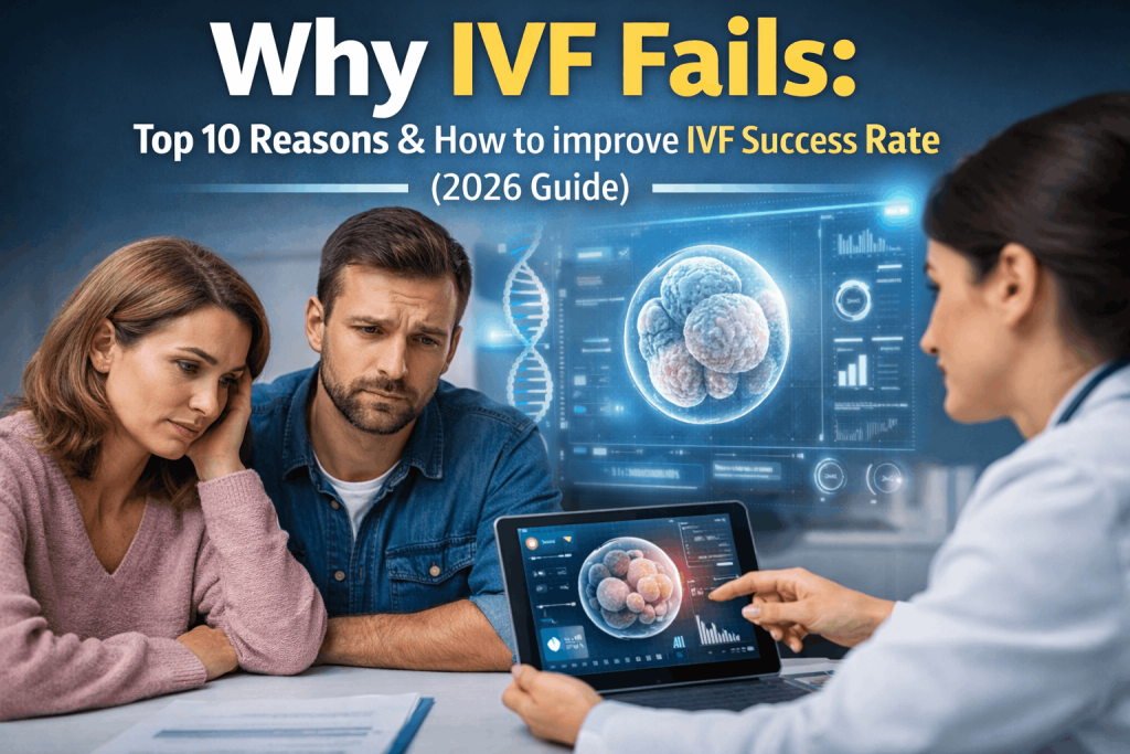 Fertility specialist discussing IVF failure and embryo quality analysis with couple