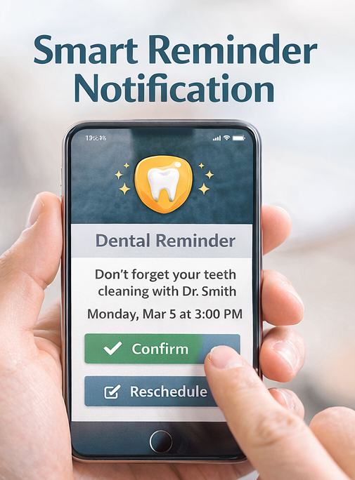 Smartphone displaying automated dental appointment reminder notification for patient follow-up